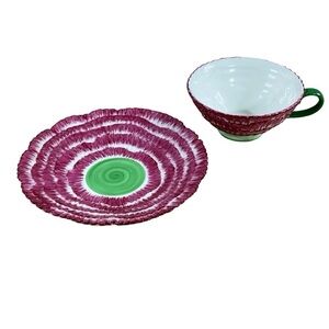 Two's Company ceramic Pink Green flower tea cup & saucer Conservatory Collection